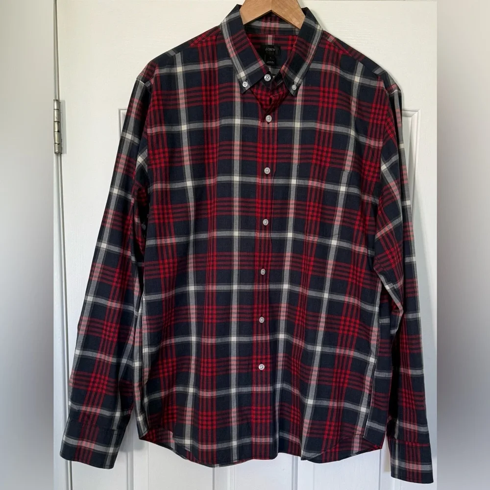 J.Crew Men's L Tartan Plaid Button Down Shirt Red Navy Cotton Holiday 2012